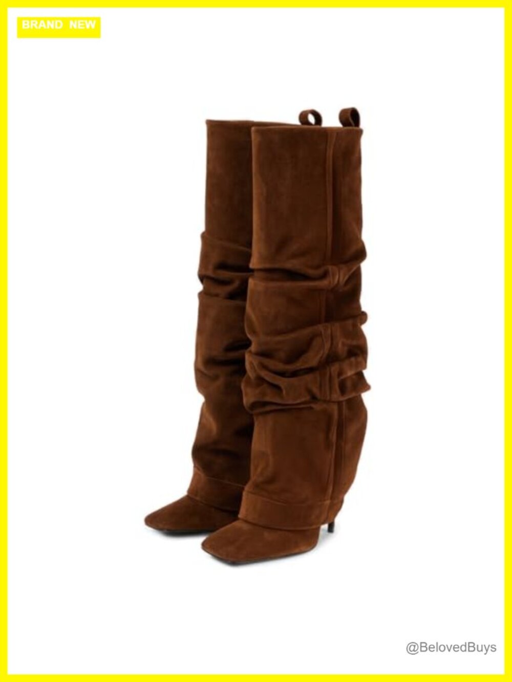 Suede Fold Over Knee High Boots Square Toe Stiletto Heel Slouchy Slip On